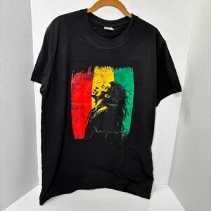 Black Graphic Men's T-Shirt with Red, Yellow & Green Print Size Large Unisex